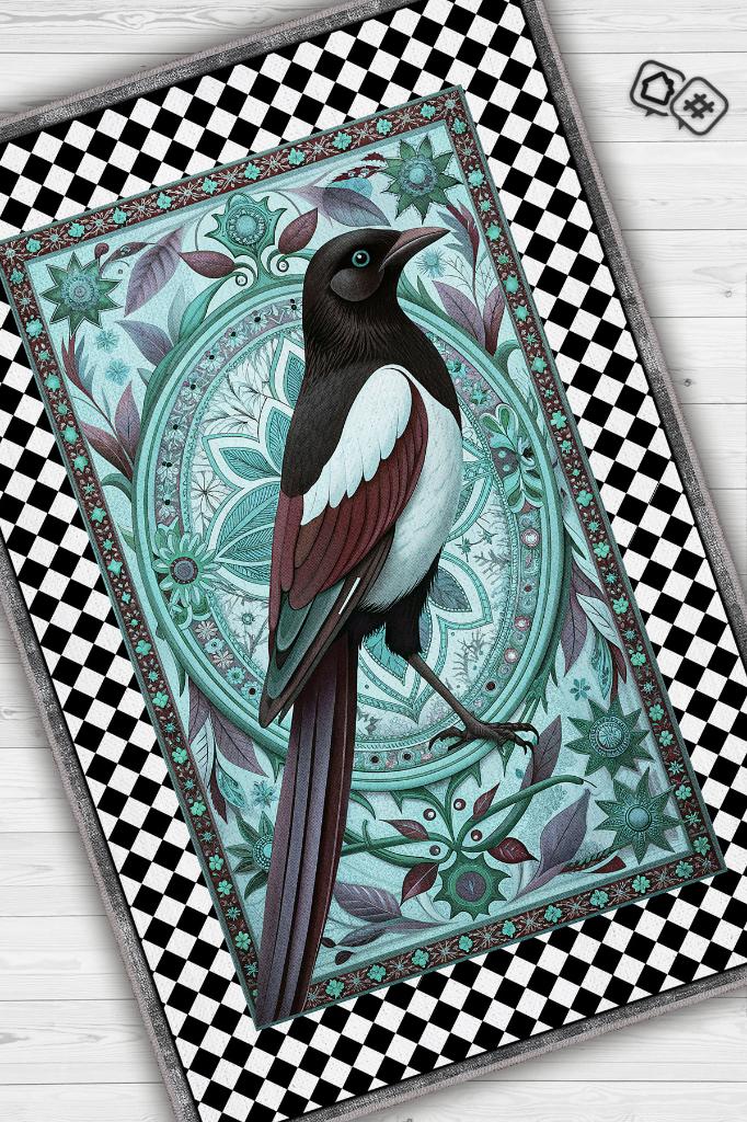 Nuh'un Gemisi Koleksiyonu Saksağan Kuşu Temalı Damalı Rustik Renkli Bordürlü Konsept Halı