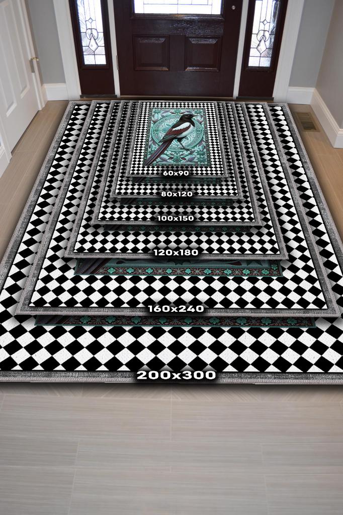 Nuh'un Gemisi Koleksiyonu Saksağan Kuşu Temalı Damalı Rustik Renkli Bordürlü Konsept Halı