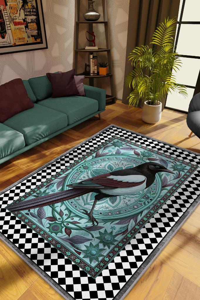 Nuh'un Gemisi Koleksiyonu Saksağan Kuşu Temalı Damalı Rustik Renkli Bordürlü Konsept Halı