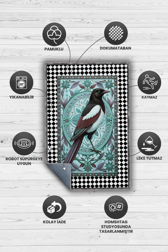 Nuh'un Gemisi Koleksiyonu Saksağan Kuşu Temalı Damalı Rustik Renkli Bordürlü Konsept Halı