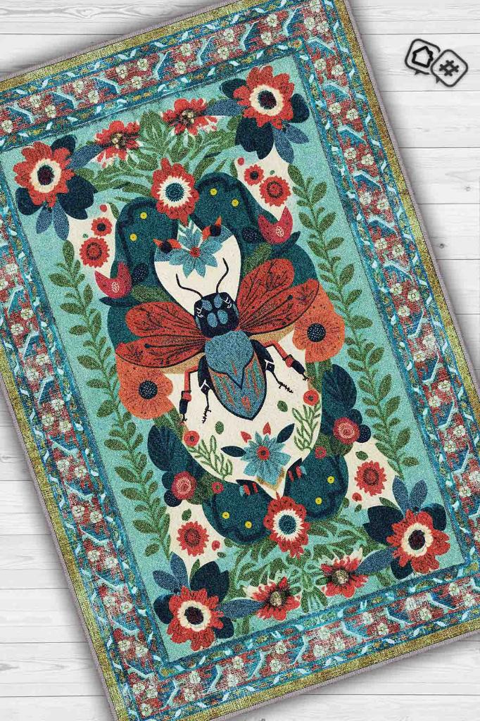 Nuh'un Gemisi Koleksiyonu Sinek, Çiçek Desenli Art Deco Tarzı Vintage Halı,Çok Renkli Maksimalist Halı