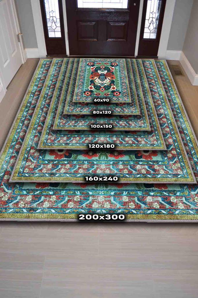 Nuh'un Gemisi Koleksiyonu Sinek, Çiçek Desenli Art Deco Tarzı Vintage Halı,Çok Renkli Maksimalist Halı