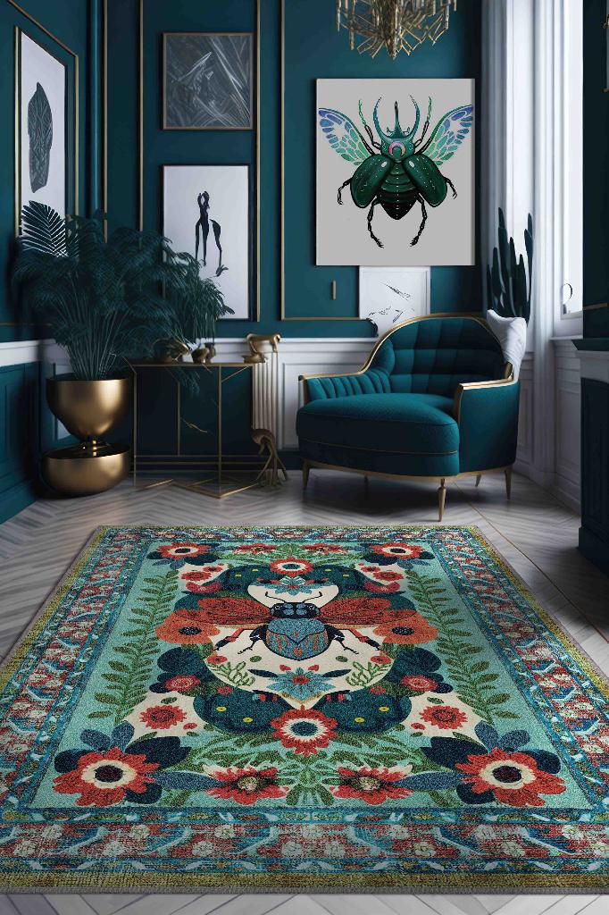 Nuh'un Gemisi Koleksiyonu Sinek, Çiçek Desenli Art Deco Tarzı Vintage Halı,Çok Renkli Maksimalist Halı