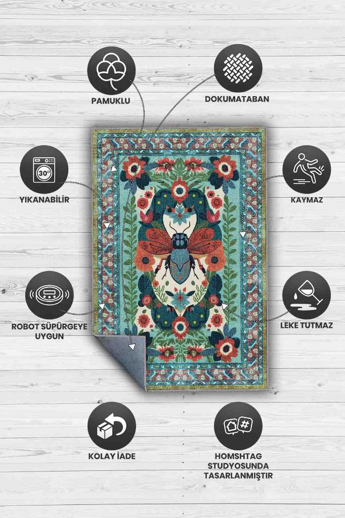 Nuh'un Gemisi Koleksiyonu Sinek, Çiçek Desenli Art Deco Tarzı Vintage Halı,Çok Renkli Maksimalist Halı