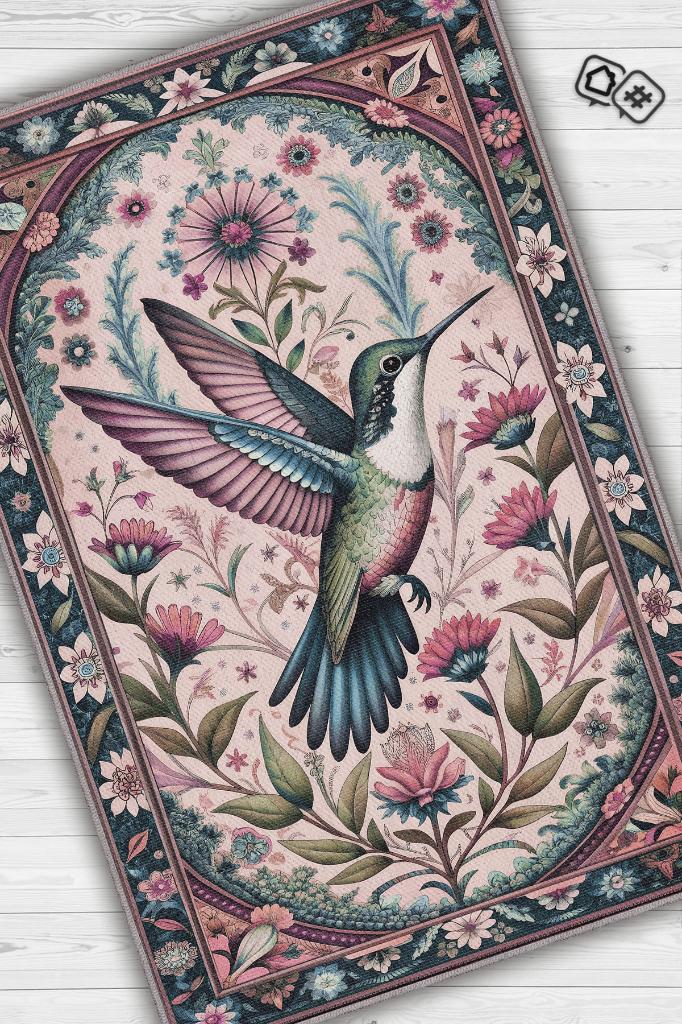 Nuh'un Gemisi Koleksiyonu Sinek Kuşu Çiçek Temalı Vintage Renkli Maksimalist Halı