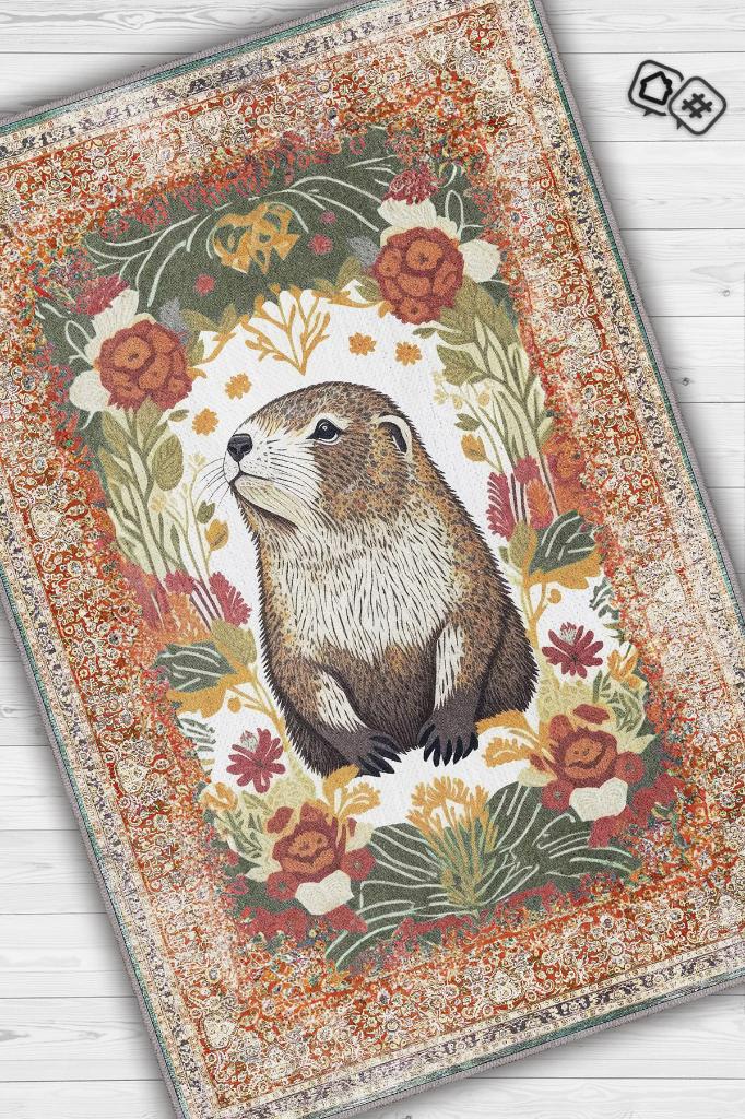 Nuh'un Gemisi Koleksiyonu Su Samuru, Çiçek Desenli Art Deco Tarzı Vintage Halı,Çok Renkli Maksimalist Halı