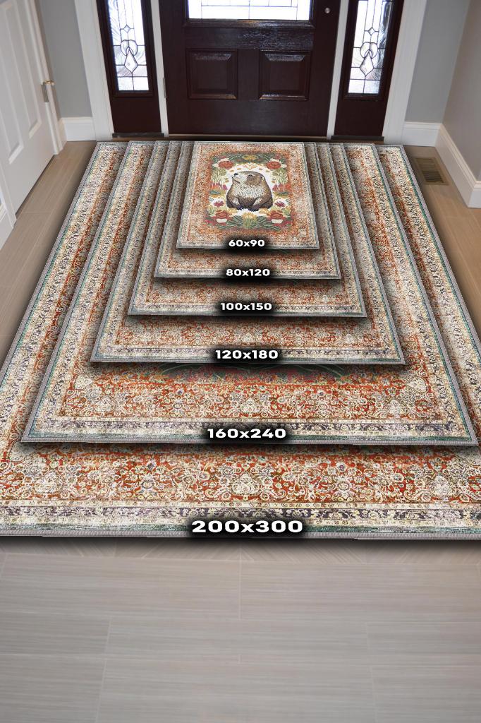 Nuh'un Gemisi Koleksiyonu Su Samuru, Çiçek Desenli Art Deco Tarzı Vintage Halı,Çok Renkli Maksimalist Halı