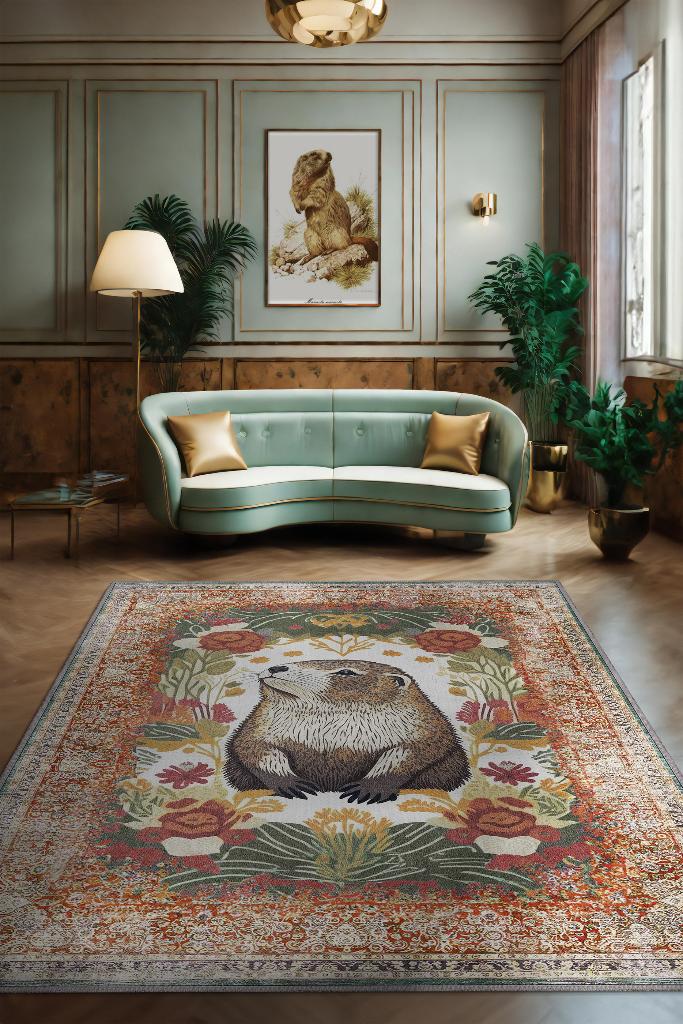 Nuh'un Gemisi Koleksiyonu Su Samuru, Çiçek Desenli Art Deco Tarzı Vintage Halı,Çok Renkli Maksimalist Halı