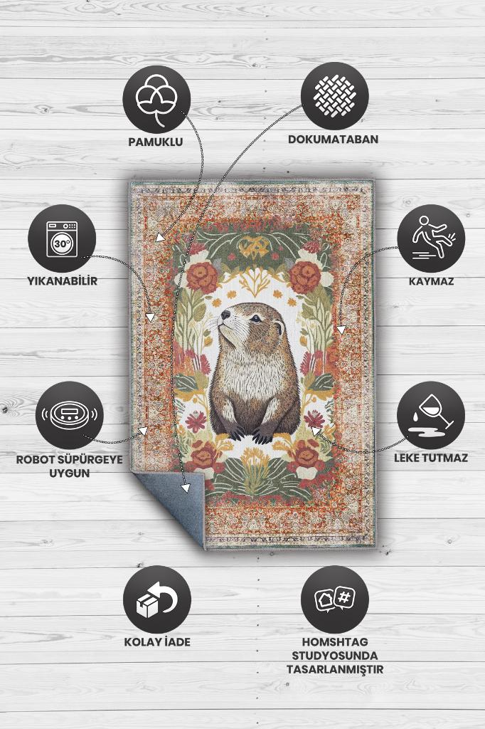 Nuh'un Gemisi Koleksiyonu Su Samuru, Çiçek Desenli Art Deco Tarzı Vintage Halı,Çok Renkli Maksimalist Halı