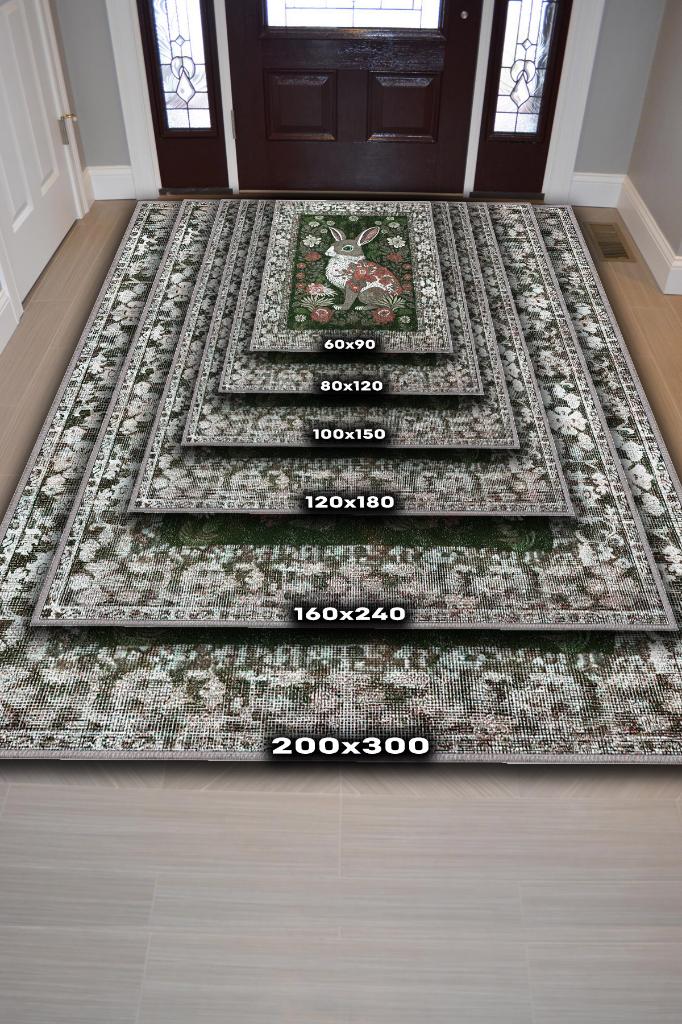 Nuh'un Gemisi Koleksiyonu Tavşan, Çiçek Desenli Art Deco Tarzı Vintage Halı,Çok Renkli Maksimalist Halı