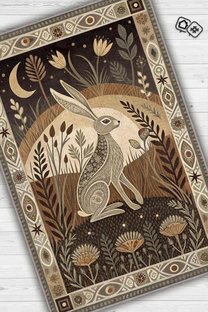 Nuh'un Gemisi Koleksiyonu Tavşan Temalı Çiçekli Krem Soft Renkli Bordürlü Şık Konsept Halı