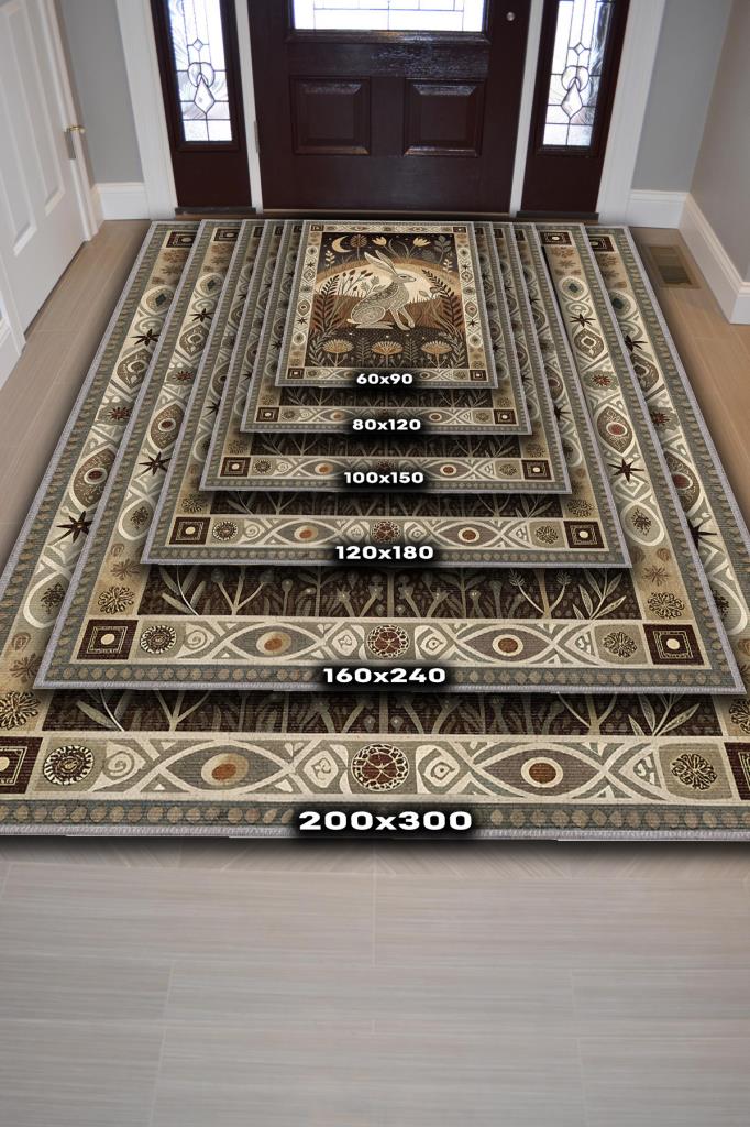 Nuh'un Gemisi Koleksiyonu Tavşan Temalı Çiçekli Krem Soft Renkli Bordürlü Şık Konsept Halı