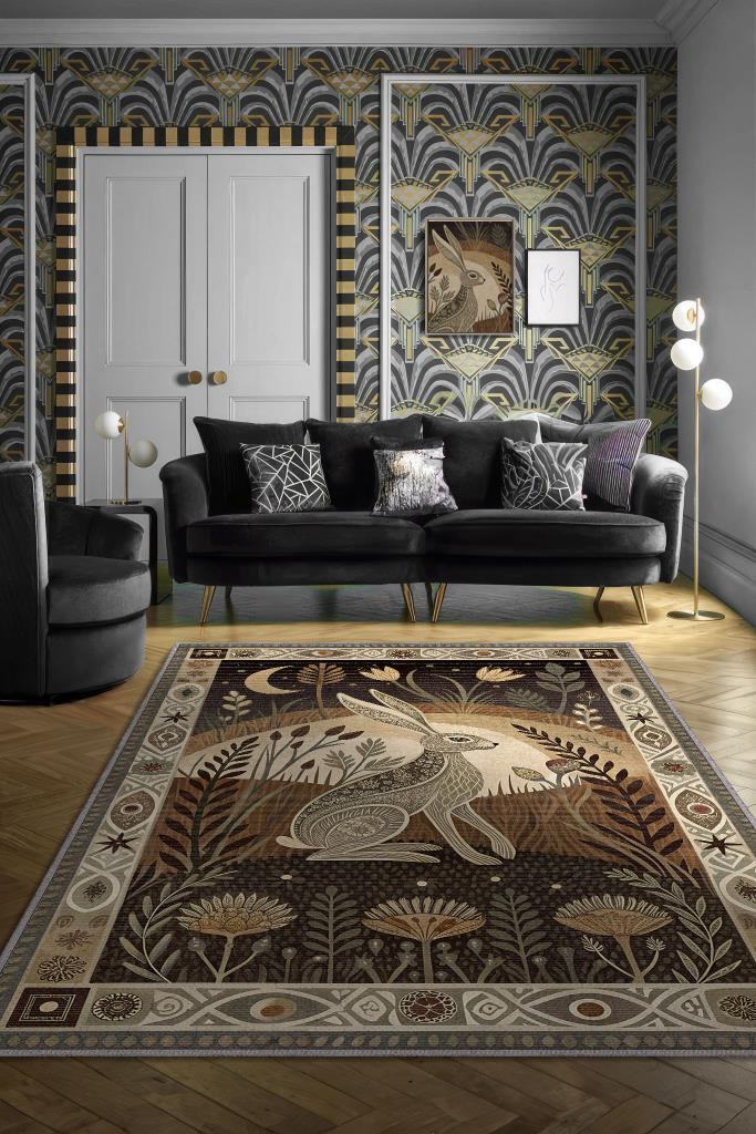 Nuh'un Gemisi Koleksiyonu Tavşan Temalı Çiçekli Krem Soft Renkli Bordürlü Şık Konsept Halı