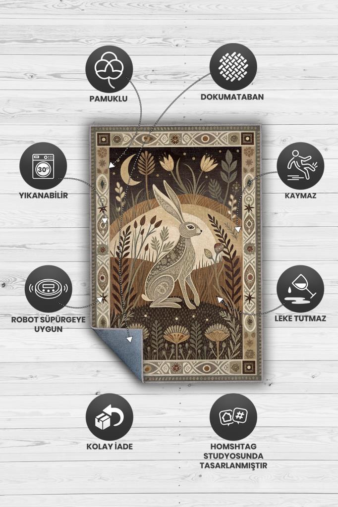 Nuh'un Gemisi Koleksiyonu Tavşan Temalı Çiçekli Krem Soft Renkli Bordürlü Şık Konsept Halı