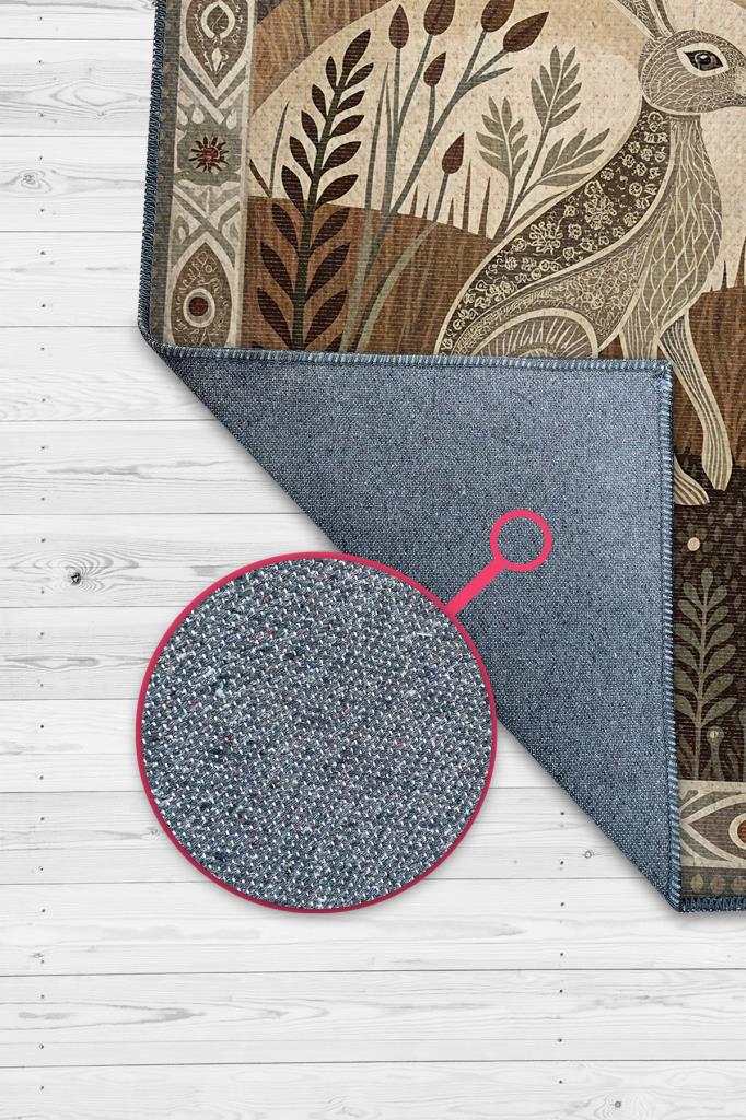 Nuh'un Gemisi Koleksiyonu Tavşan Temalı Çiçekli Krem Soft Renkli Bordürlü Şık Konsept Halı