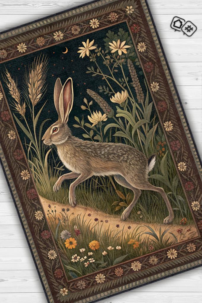 Nuh'un Gemisi Koleksiyonu Tavşan Temalı Çiçekli Siyah Renkli Bordürlü Şık Konsept Halı