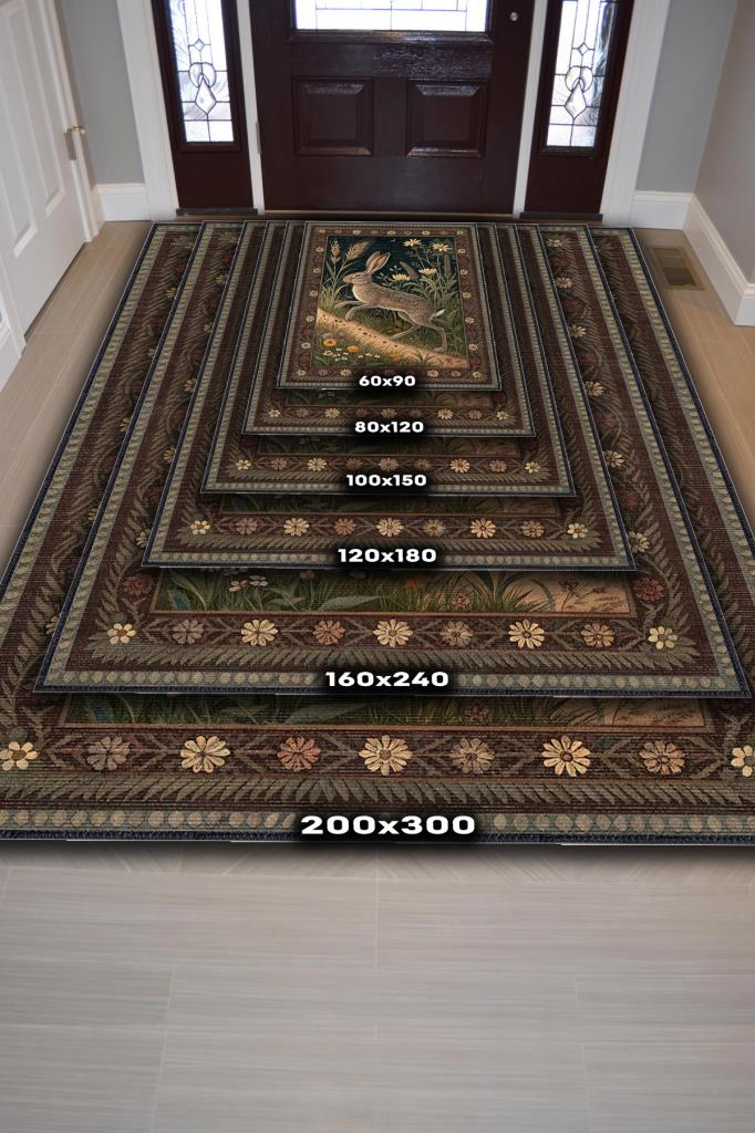 Nuh'un Gemisi Koleksiyonu Tavşan Temalı Çiçekli Siyah Renkli Bordürlü Şık Konsept Halı