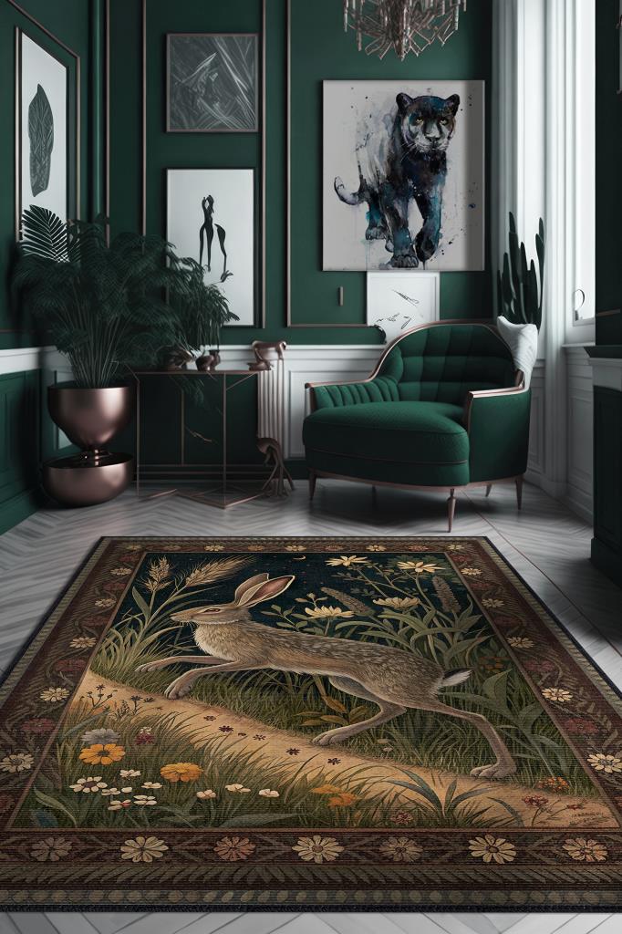 Nuh'un Gemisi Koleksiyonu Tavşan Temalı Çiçekli Siyah Renkli Bordürlü Şık Konsept Halı