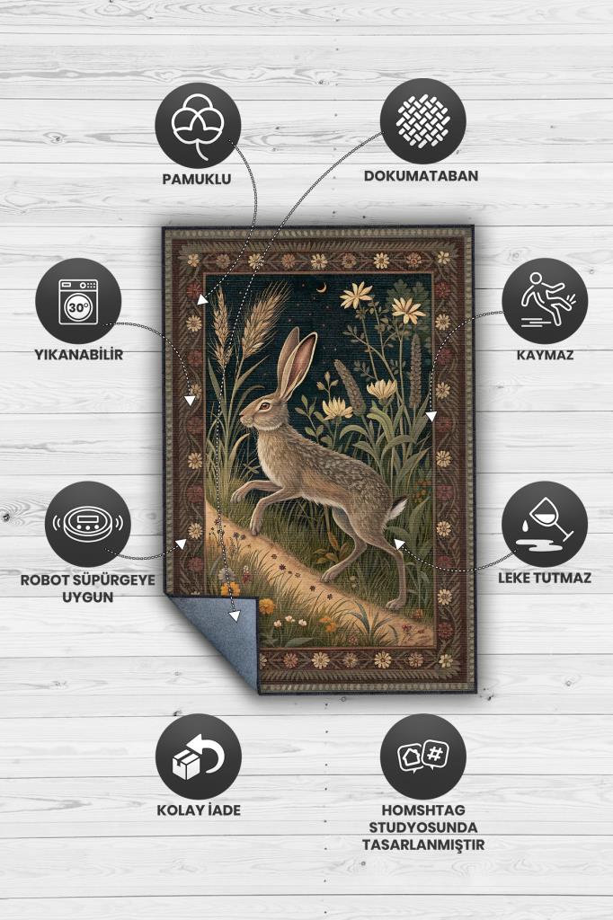 Nuh'un Gemisi Koleksiyonu Tavşan Temalı Çiçekli Siyah Renkli Bordürlü Şık Konsept Halı