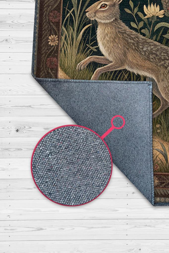 Nuh'un Gemisi Koleksiyonu Tavşan Temalı Çiçekli Siyah Renkli Bordürlü Şık Konsept Halı