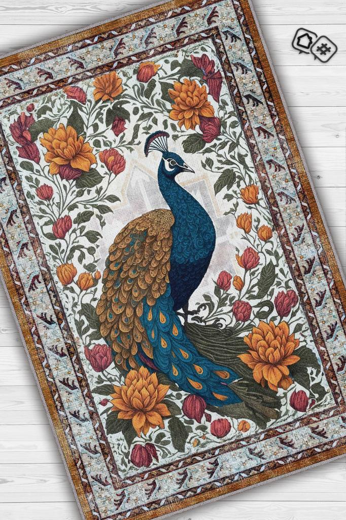 Nuh'un Gemisi Koleksiyonu Tavus Kuşu, Çiçek Desenli Art Deco Tarzı Vintage Halı,Çok Renkli Maksimalist Halı