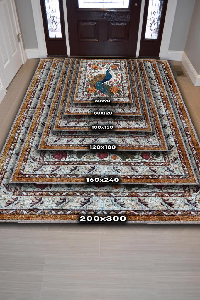 Nuh'un Gemisi Koleksiyonu Tavus Kuşu, Çiçek Desenli Art Deco Tarzı Vintage Halı,Çok Renkli Maksimalist Halı