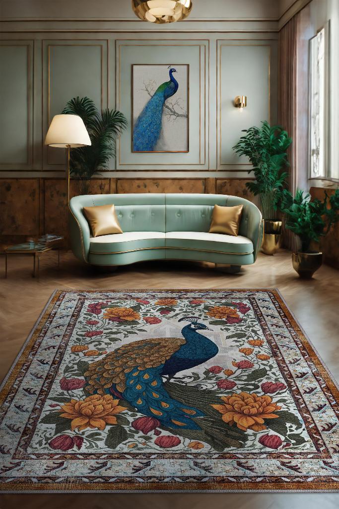 Nuh'un Gemisi Koleksiyonu Tavus Kuşu, Çiçek Desenli Art Deco Tarzı Vintage Halı,Çok Renkli Maksimalist Halı