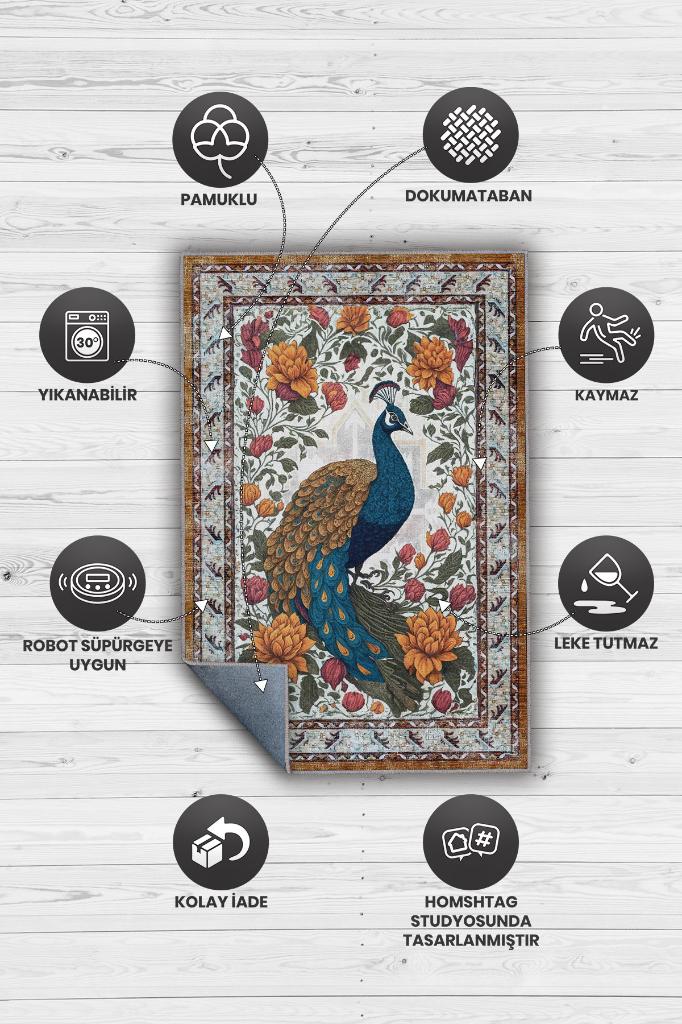 Nuh'un Gemisi Koleksiyonu Tavus Kuşu, Çiçek Desenli Art Deco Tarzı Vintage Halı,Çok Renkli Maksimalist Halı