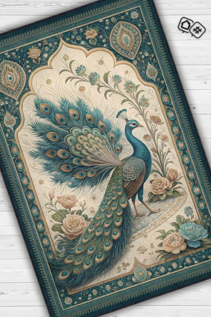 Nuh'un Gemisi Koleksiyonu Tavuskuşu Temalı Çiçekli Çok Renkli Bordürlü Şık Konsept Halı