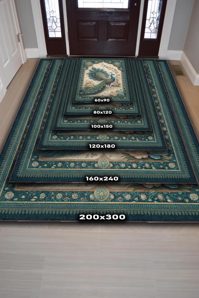 Nuh'un Gemisi Koleksiyonu Tavuskuşu Temalı Çiçekli Çok Renkli Bordürlü Şık Konsept Halı