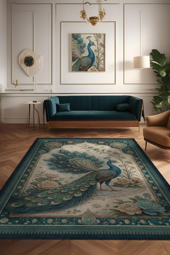 Nuh'un Gemisi Koleksiyonu Tavuskuşu Temalı Çiçekli Çok Renkli Bordürlü Şık Konsept Halı