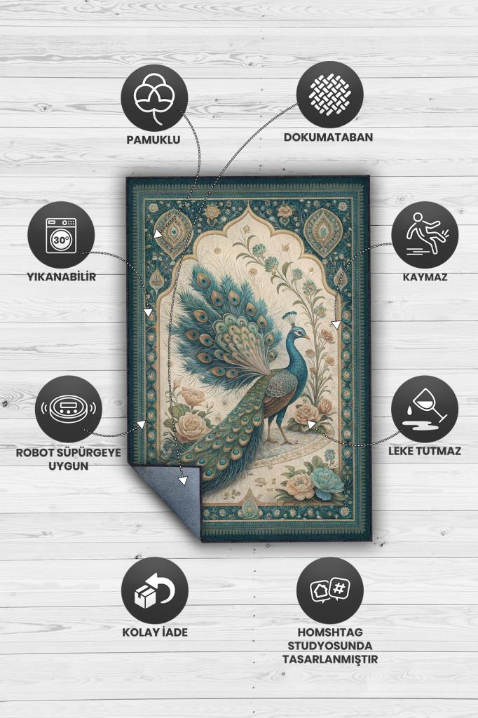 Nuh'un Gemisi Koleksiyonu Tavuskuşu Temalı Çiçekli Çok Renkli Bordürlü Şık Konsept Halı