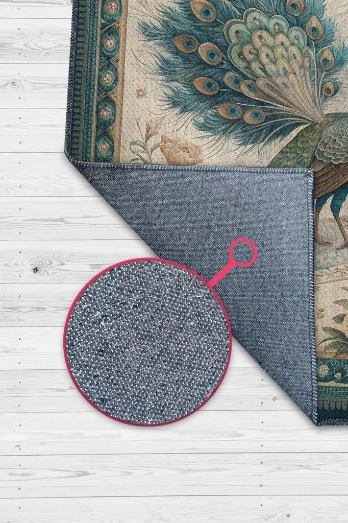 Nuh'un Gemisi Koleksiyonu Tavuskuşu Temalı Çiçekli Çok Renkli Bordürlü Şık Konsept Halı