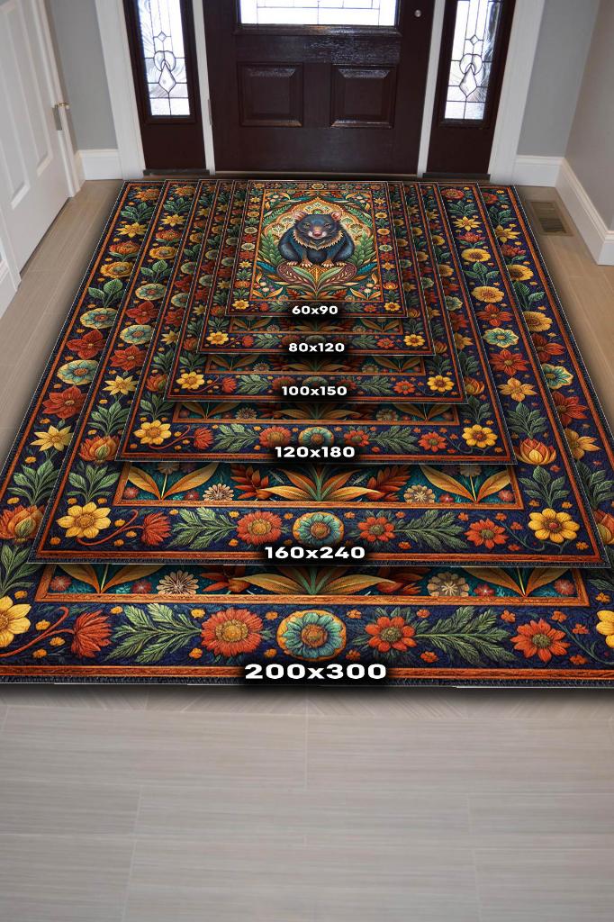 Nuh'un Gemisi Koleksiyonu Tazmanya Canavarı Temalı Çiçekli Çok Renkli Bordürlü Konsept Halı