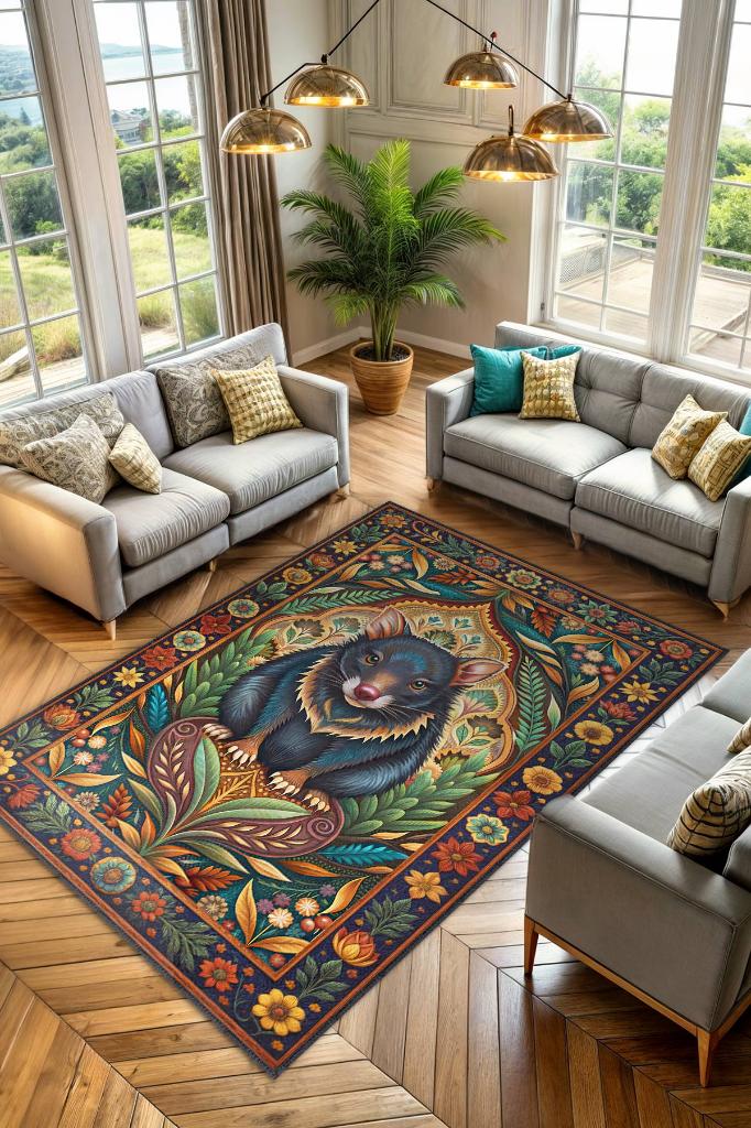 Nuh'un Gemisi Koleksiyonu Tazmanya Canavarı Temalı Çiçekli Çok Renkli Bordürlü Konsept Halı