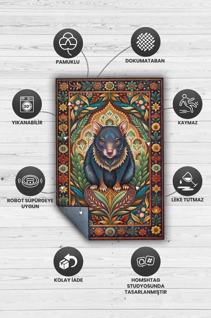 Nuh'un Gemisi Koleksiyonu Tazmanya Canavarı Temalı Çiçekli Çok Renkli Bordürlü Konsept Halı