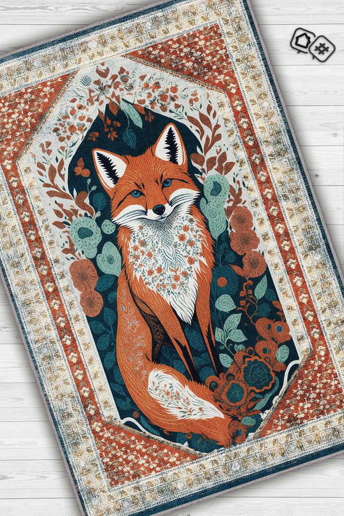 Nuh'un Gemisi Koleksiyonu Tilki, Çiçek Desenli Art Deco Tarzı Vintage Halı,Çok Renkli Maksimalist Halı