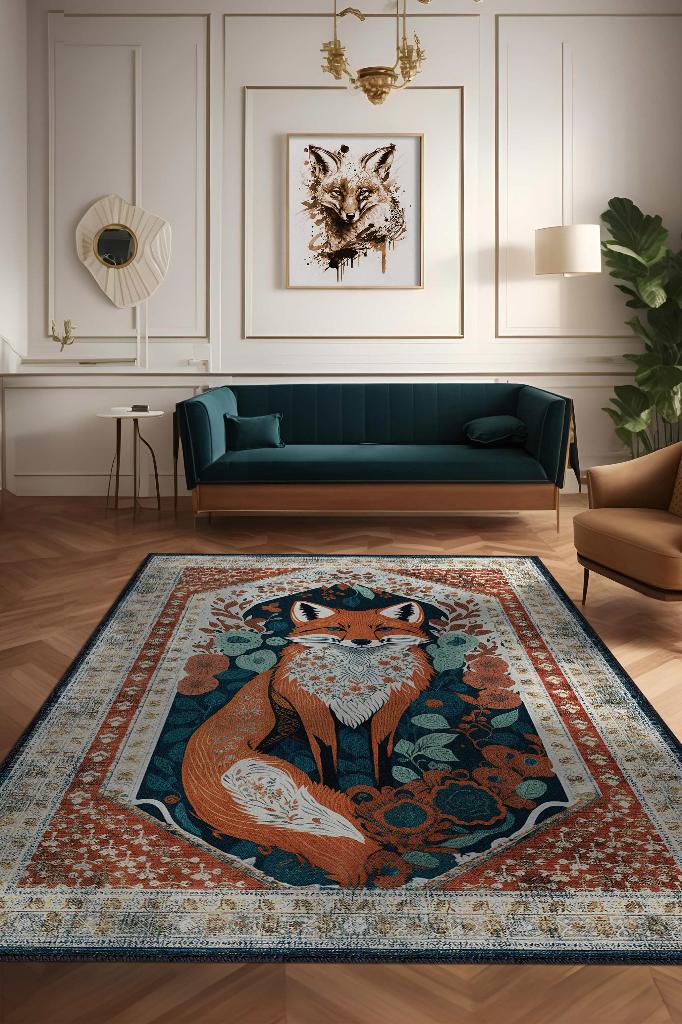 Nuh'un Gemisi Koleksiyonu Tilki, Çiçek Desenli Art Deco Tarzı Vintage Halı,Çok Renkli Maksimalist Halı