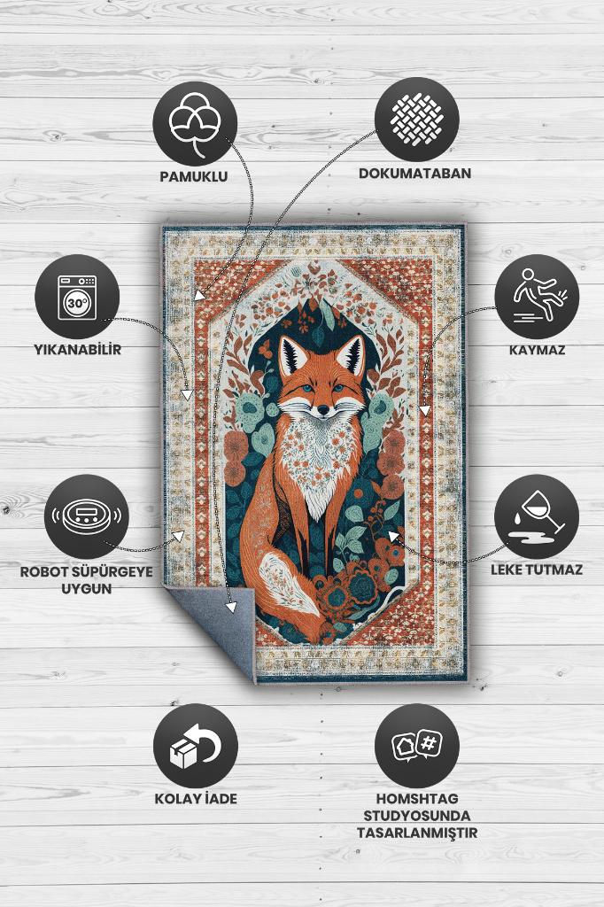 Nuh'un Gemisi Koleksiyonu Tilki, Çiçek Desenli Art Deco Tarzı Vintage Halı,Çok Renkli Maksimalist Halı