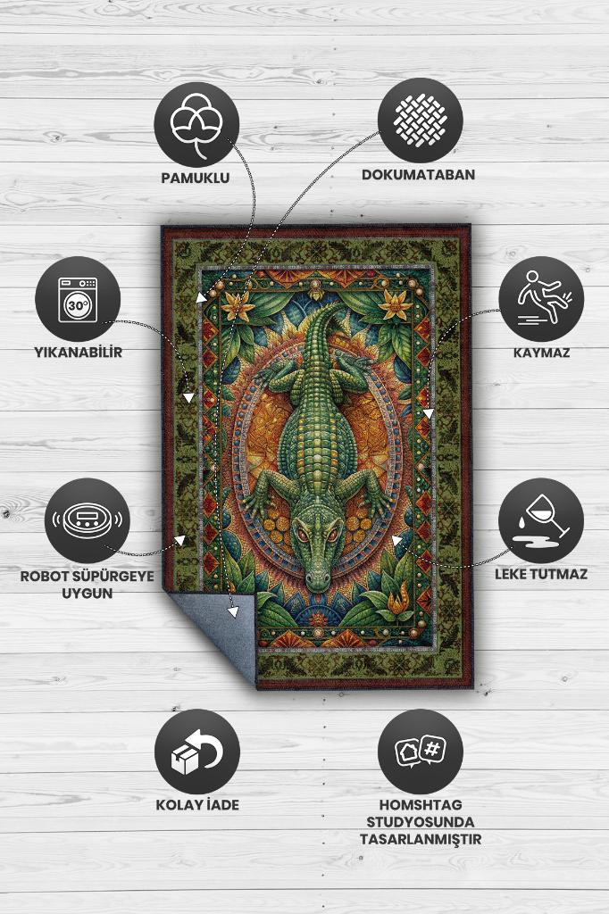 Nuh'un Gemisi Koleksiyonu Timsah Temalı Çiçekli Yeşil Renkli Bordürlü Şık Konsept Halı