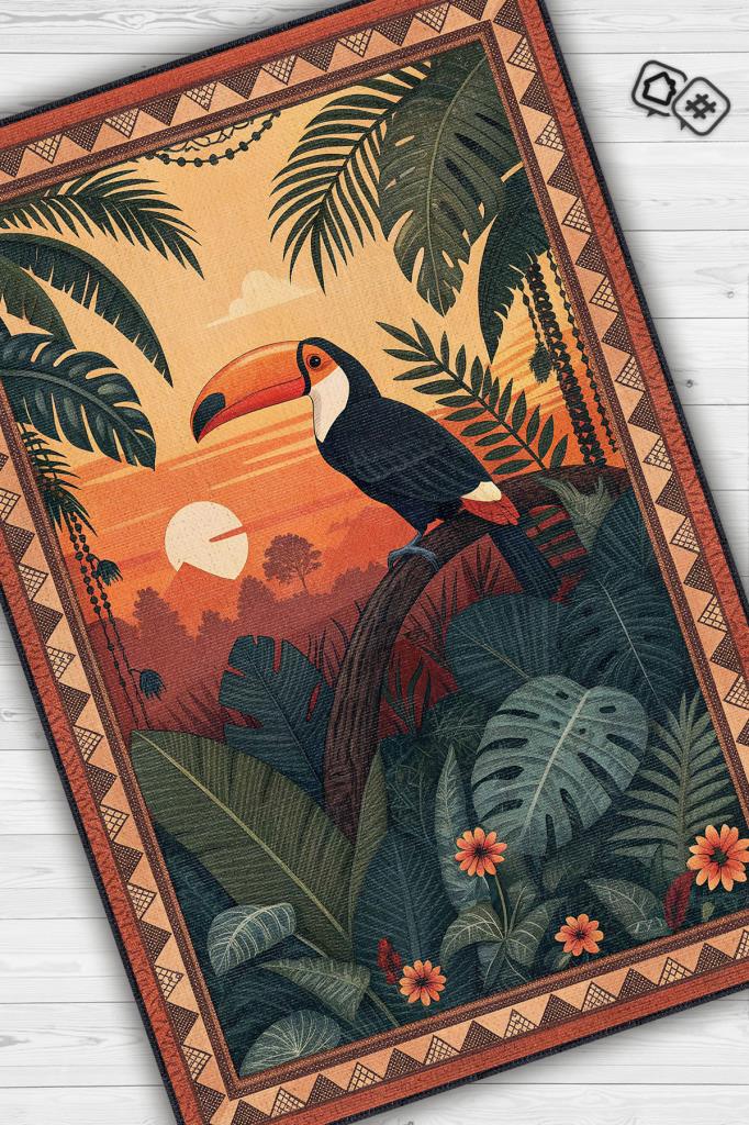 Nuh'un Gemisi Koleksiyonu Tukan Kuşu Temalı Çiçekli Çok Renk Bordürlü Şık Konsept Halı