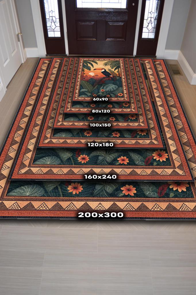 Nuh'un Gemisi Koleksiyonu Tukan Kuşu Temalı Çiçekli Çok Renk Bordürlü Şık Konsept Halı