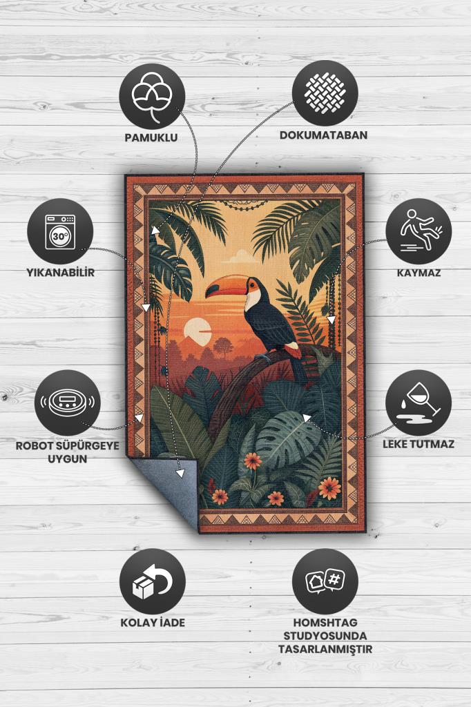 Nuh'un Gemisi Koleksiyonu Tukan Kuşu Temalı Çiçekli Çok Renk Bordürlü Şık Konsept Halı