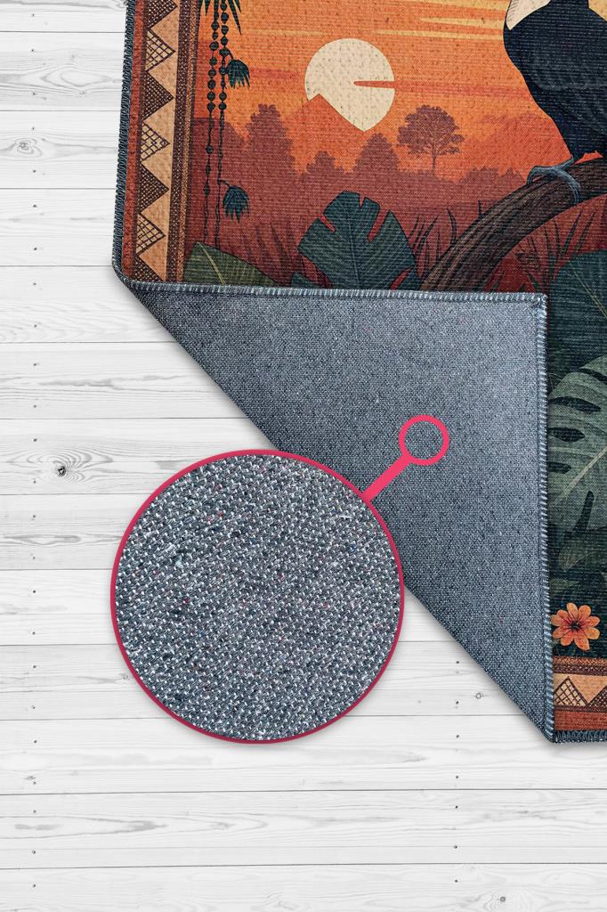 Nuh'un Gemisi Koleksiyonu Tukan Kuşu Temalı Çiçekli Çok Renk Bordürlü Şık Konsept Halı