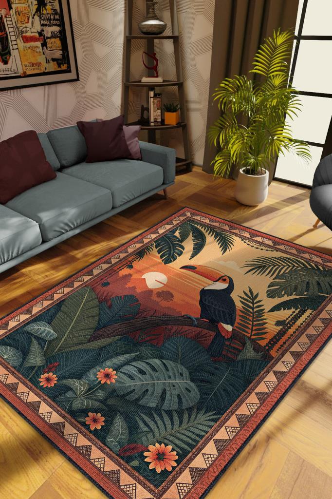 Nuh'un Gemisi Koleksiyonu Tukan Kuşu Temalı Çiçekli Çok Renk Bordürlü Şık Konsept Halı