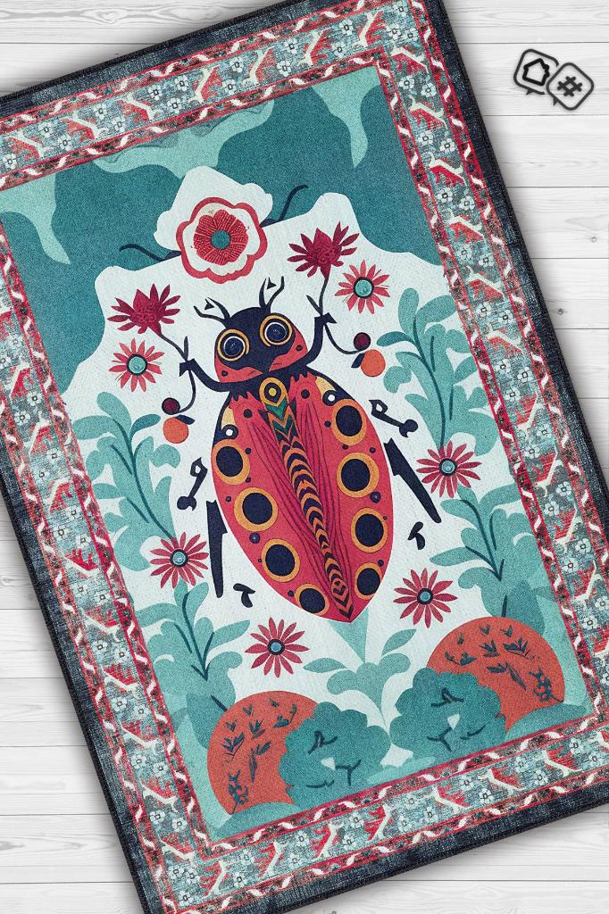 Nuh'un Gemisi Koleksiyonu Uğur Böceği, Çiçek Desenli Art Deco Tarzı Vintage Halı,Çok Renkli Maksimalist Halı