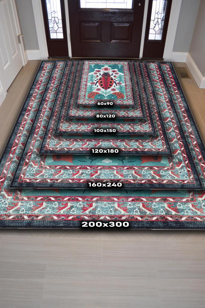 Nuh'un Gemisi Koleksiyonu Uğur Böceği, Çiçek Desenli Art Deco Tarzı Vintage Halı,Çok Renkli Maksimalist Halı