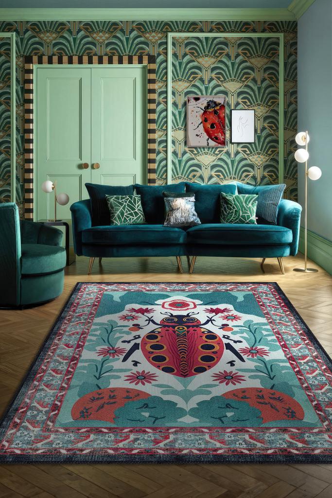 Nuh'un Gemisi Koleksiyonu Uğur Böceği, Çiçek Desenli Art Deco Tarzı Vintage Halı,Çok Renkli Maksimalist Halı