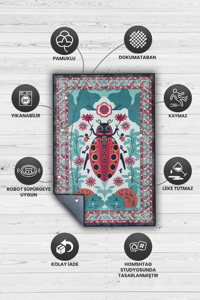 Nuh'un Gemisi Koleksiyonu Uğur Böceği, Çiçek Desenli Art Deco Tarzı Vintage Halı,Çok Renkli Maksimalist Halı