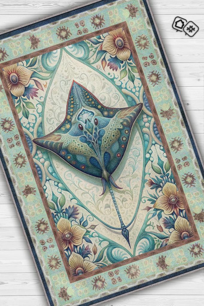 Nuh'un Gemisi Koleksiyonu Vatoz Balığı Çiçek Temalı Vintage Renkli Maksimalist Halı